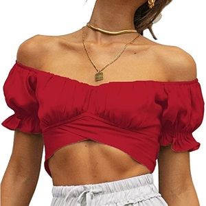 Women's Ruffle Short Sleeve Tie Up Back Crop Top Off Shoulder Blouse, Red